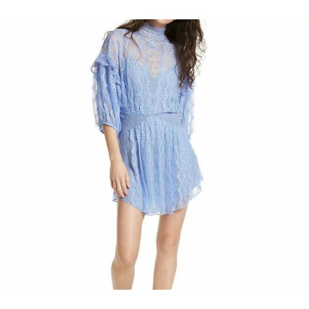 FREE PEOPLE Women's Blue Bittersweet Lace Bishop Sleeve Romantic Mini Dress 4